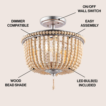 Allie 14" Wood Beaded/Metal LED Flush Mount